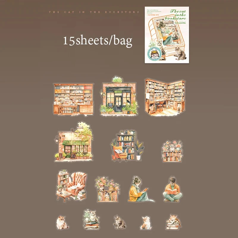 Reading Cat Scrapbook Stickers 15 Sheets – DIY Stationery Set Decorative Sticker Set Qme 6