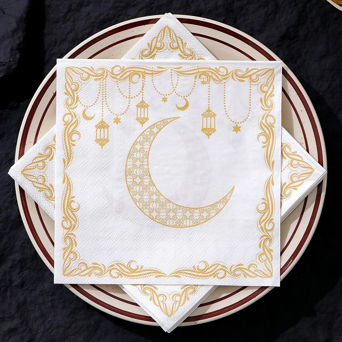 Ramadan Party Napkins – Yellow Moon & Lantern Design, 20 Pack Disposable Party Napkins Qme