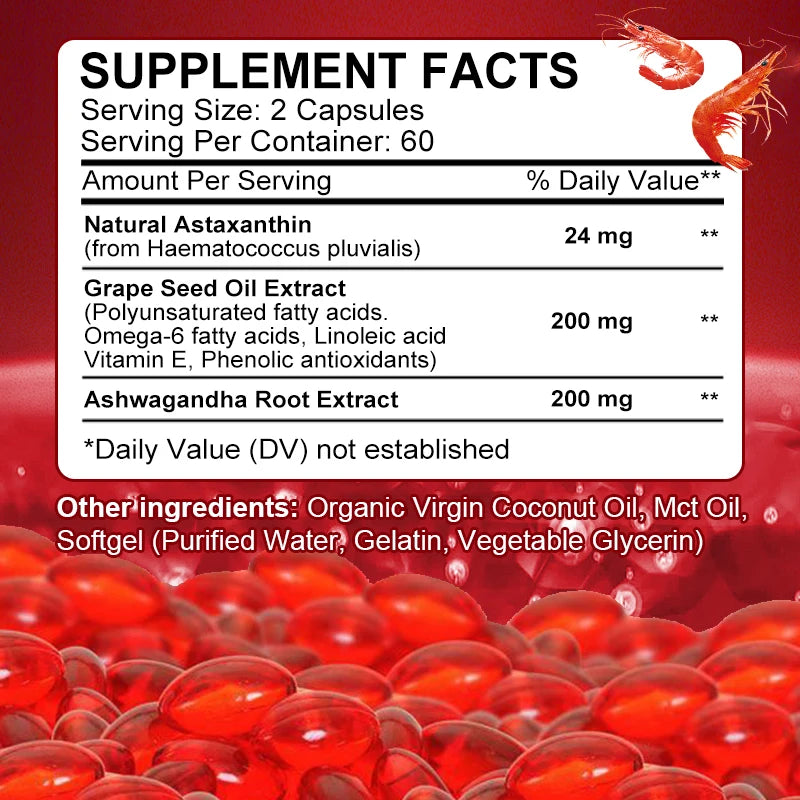 Yimiduk Astaxanthin 24mg – Grape Seed Oil & Ashwagandha, 120ct Antioxidant Supplement Qst