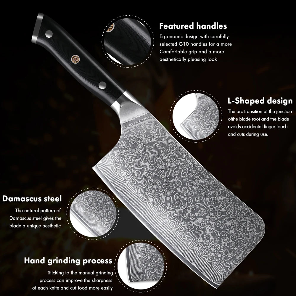 DASHWAY 6.5" Damascus Steel Bone Chopper Knife – G10 Handle Damascus Kitchen Knife Qst