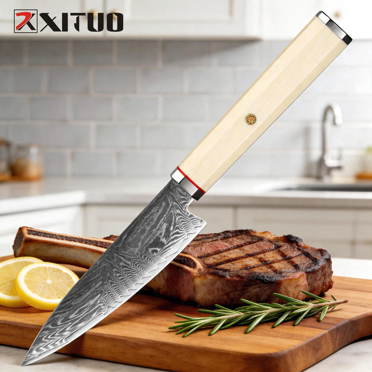 XITUO 5-Inch Damascus Steel Utility Knife – Ivory Handle Damascus Utility Knife Qst
