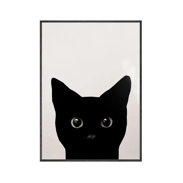 Peeping Black Cat Canvas Wall Art – Funny Minimalist Poster