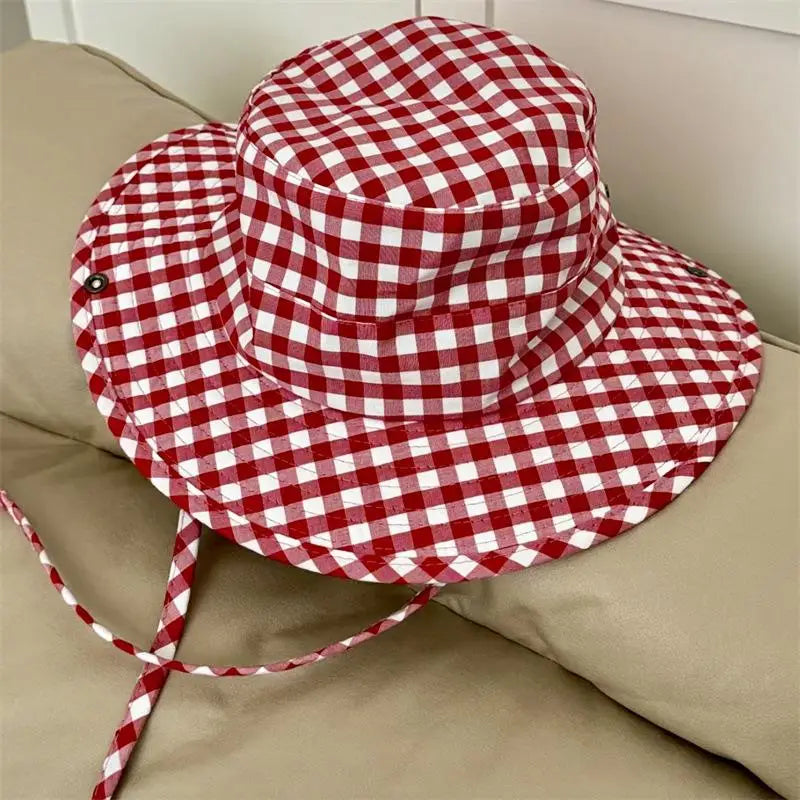 Vintage Plaid Bucket Hat – Wide Brim UV Sun Hat for Women Bucket Sun Hat Qst A1