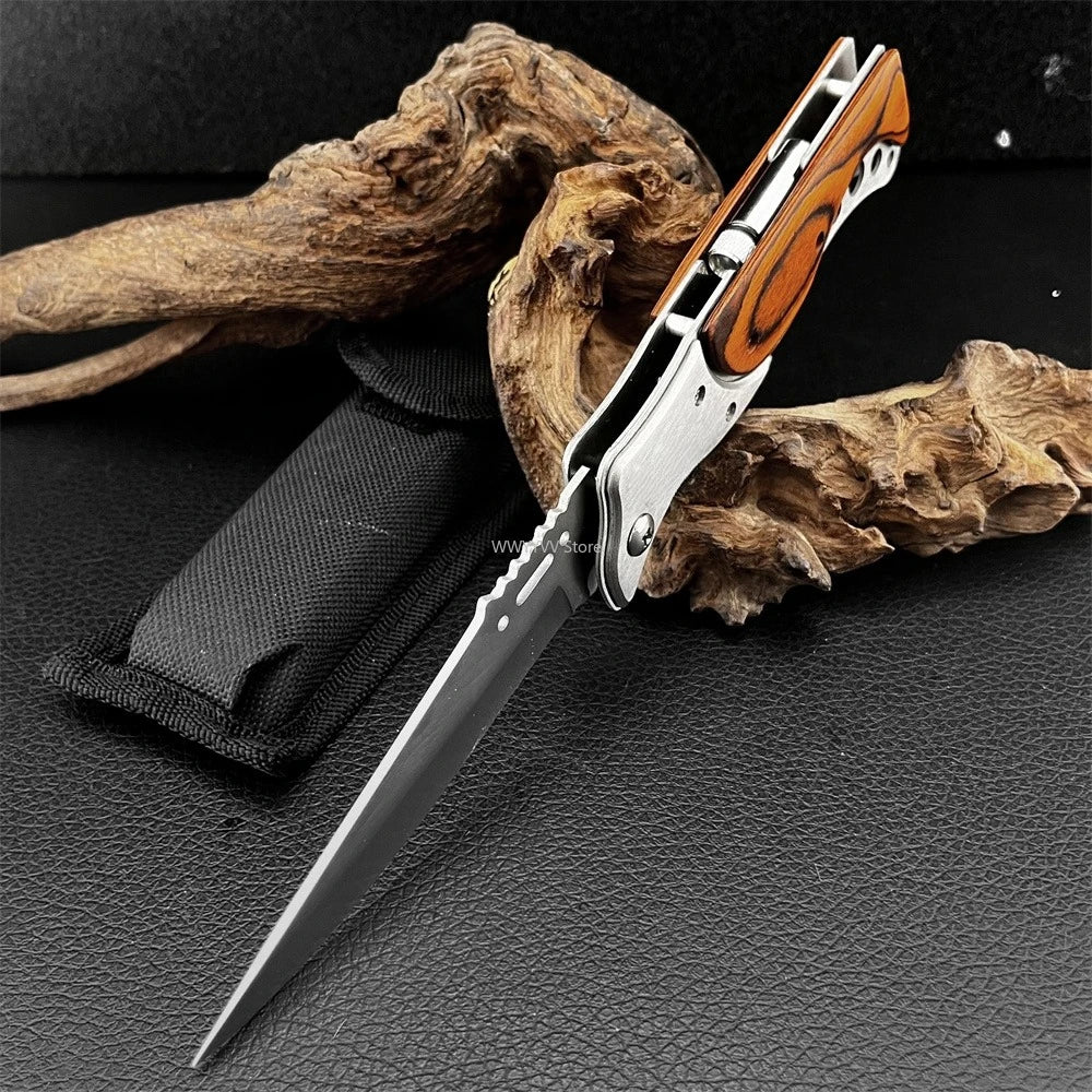 Tactical Folding Knife 440C Blade, Wood Handle & Nylon Sheath Tactical Folding Knife Qst