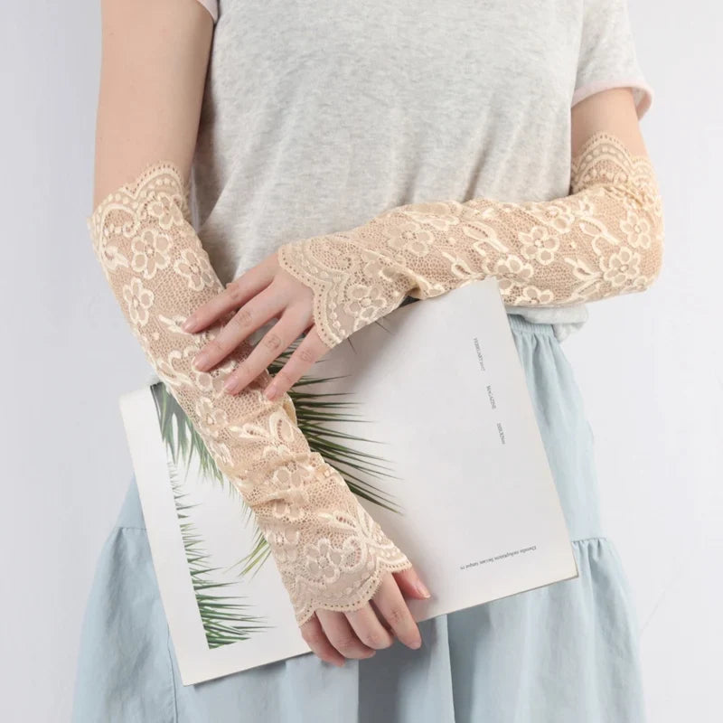 Women's Long Lace Fingerless Gloves Flower Sun Arm Sleeves Lace Arm Sleeves Qme Beige One Size