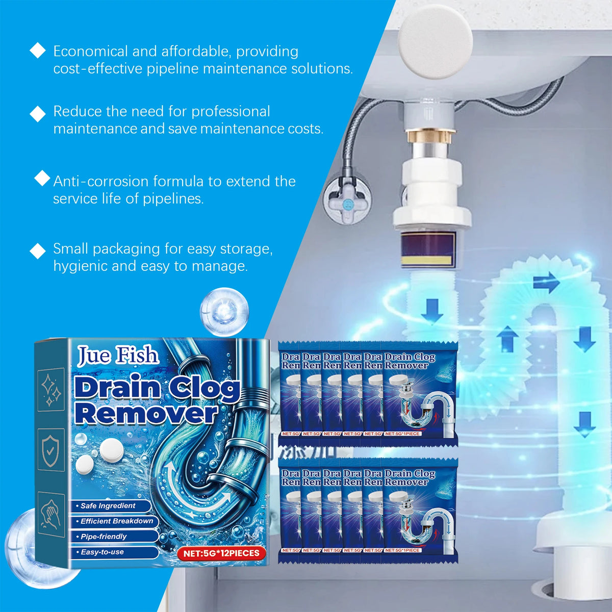 12-Pack Drain Unclogging Effervescent Tablets | Pipe Cleaner Drain Cleaner Tablets Qst