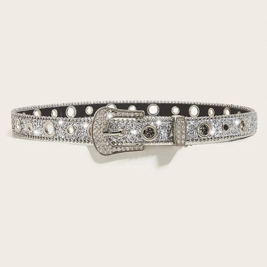 Women's Sequin Rhinestone Belt – Stylish PU Pin Buckle Fashion Belt Qst Silver 105CM