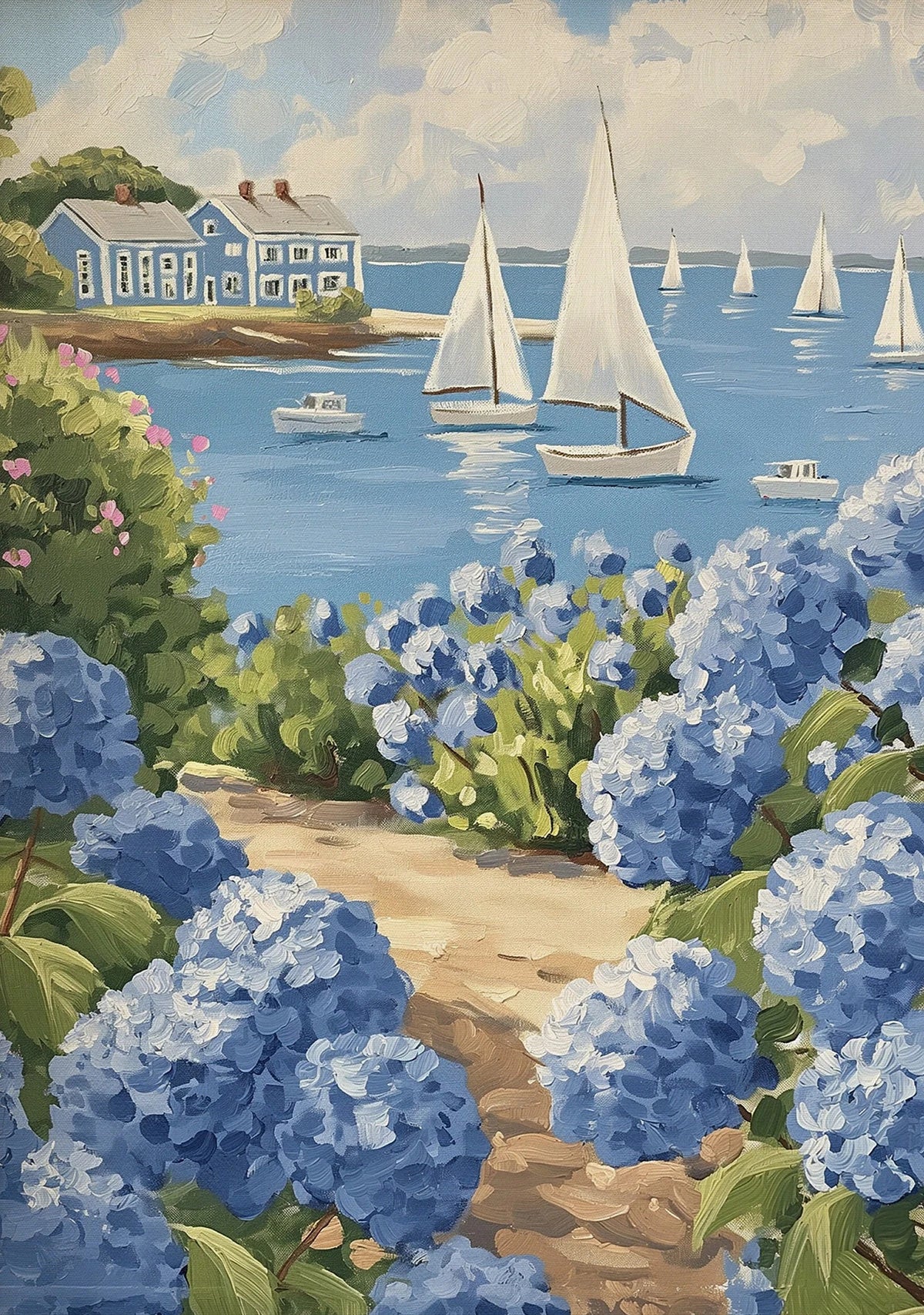 Coastal Sailboat Hydrangea Canvas Wall Art – Blue Beach Print Canvas Wall Art Qst 50X70cm No Framed 7