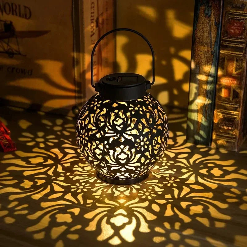 Solar LED Hanging Lantern – Hollow Wrought Iron Outdoor Light Solar Outdoor Lantern Qme