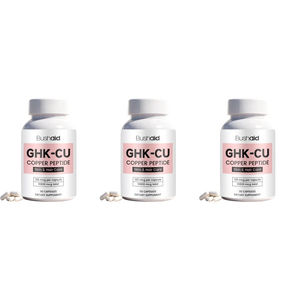 BushAid GHK-Cu Copper Peptide Capsules + Vitamins C & E – 90ct Beauty Supplement Capsules Qst 3 Bottles 270 Pieces
