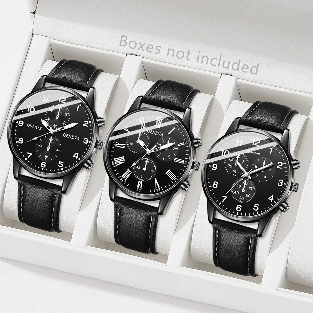 Geneva Men's Leather Strap Quartz Watch – Three-Eye Dial Men's Quartz Watch Qme black