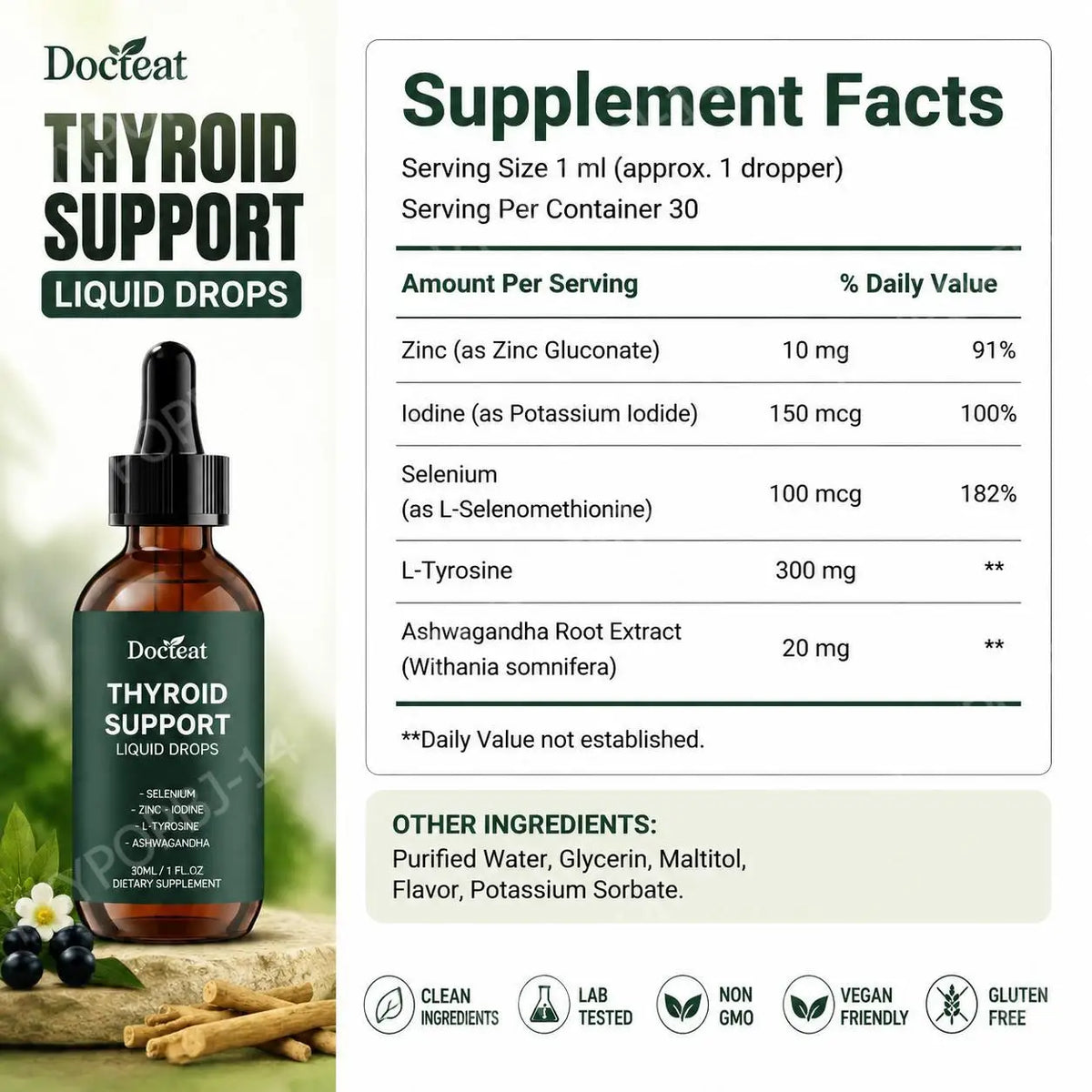 Docteat Thyroid Support Liquid Drops 30ml | Zinc Iodine Selenium Liquid Supplement Drops Qst