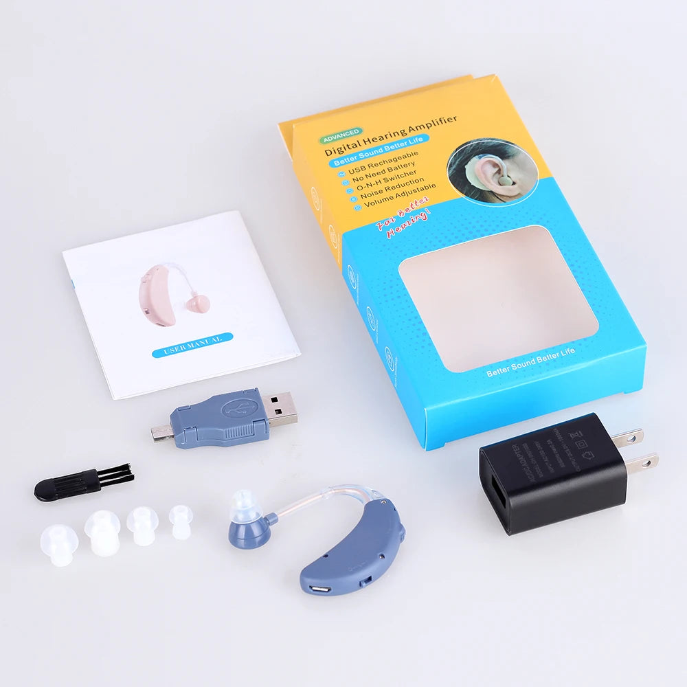 Rechargeable BTE Digital Hearing Aid | Sound Amplifier BTE Hearing Aid Qst Blue with EU Plug