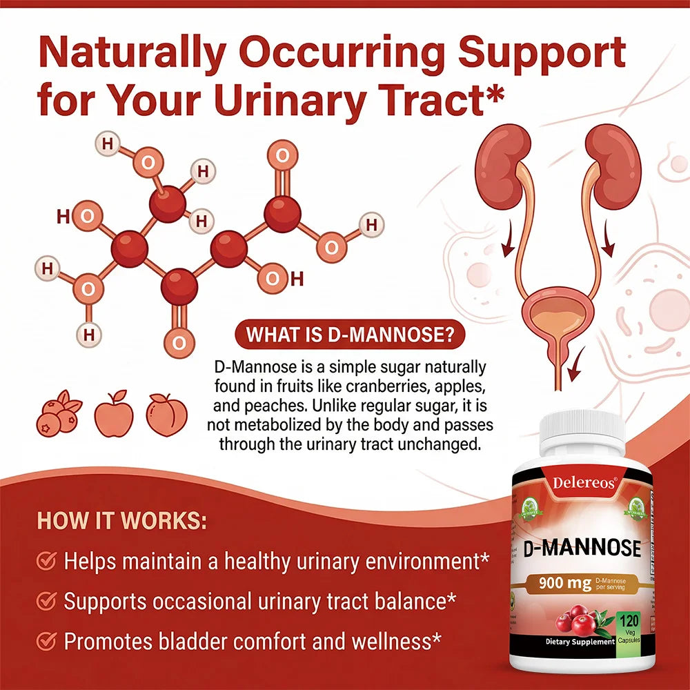 Organic D-Mannose 900mg + Cranberry – 120 Vegan Capsules Dietary Supplement Qst