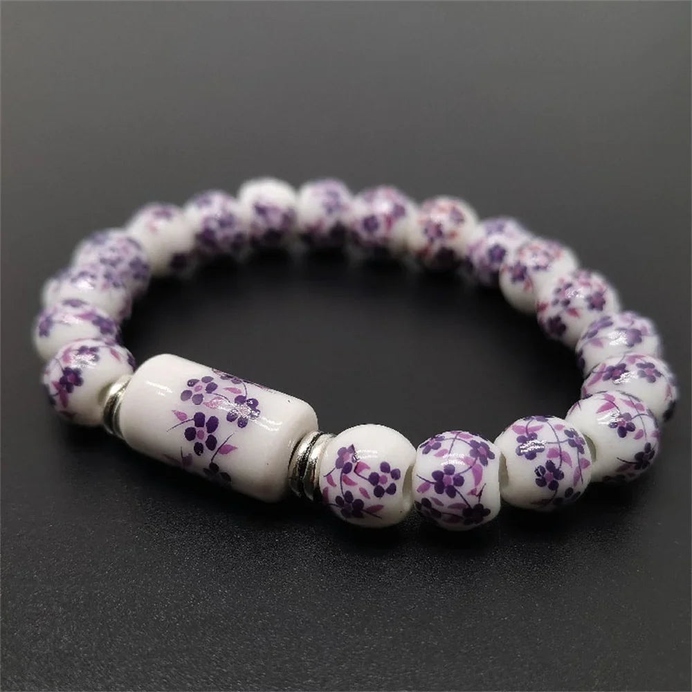 Blue White Porcelain Ceramic Stretch Bead Bracelet | Floral Ceramic Bead Bracelet Qme 3 18cm