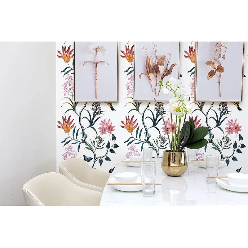 Peel & Stick Floral Bird Wallpaper – Pink Flower Wall Decor Peel & Stick Wallpaper Qme