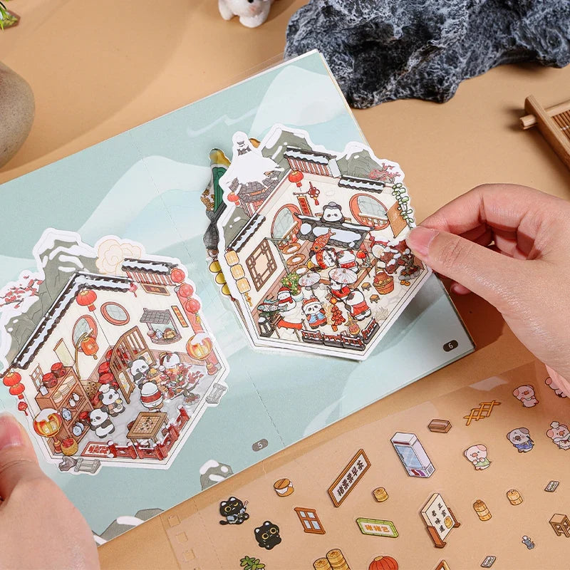 3D Cartoon Landscape Sticker Book – Ancient Building DIY Cabin 3D Sticker Book Qme