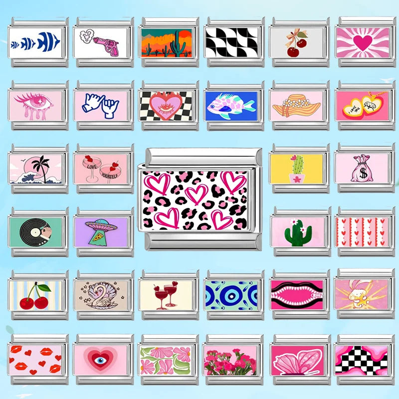 Y2K Italian Charm Links – Pink Heart Leopard Lips Hat | 9mm Italian Charm Links Qme