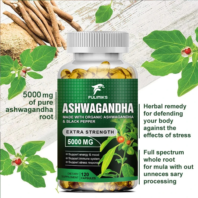 Ashwagandha KSM-66 5000mg + MACA Capsules | Focus & Energy Herbal Supplement Qst