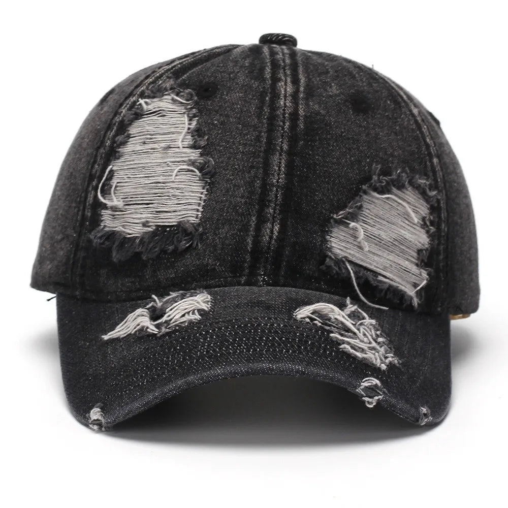 Retro Ripped Washed Denim Baseball Cap | Frayed Curved Brim Denim Baseball Cap Qme