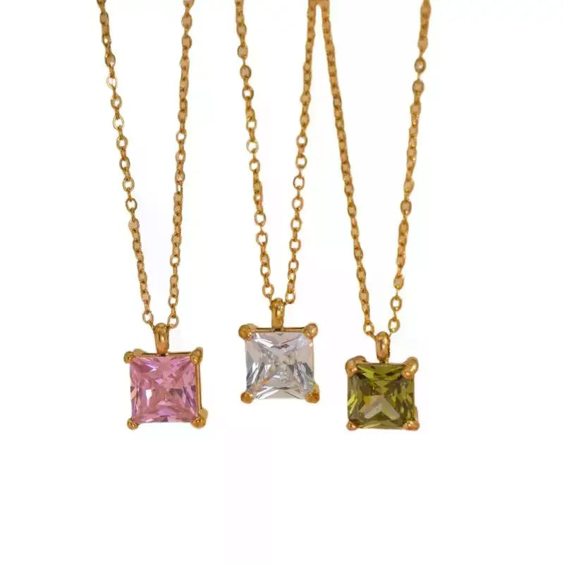 Minimalist Stainless Steel Square Zircon Pendant Necklace Pendant Necklace Qme
