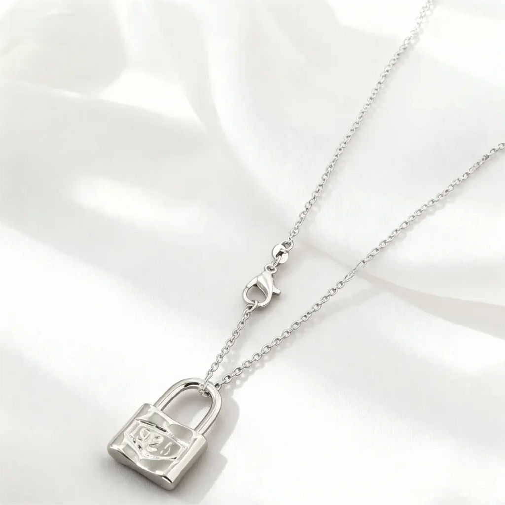 925 Sterling Silver Lock Charm Necklace for Women Sterling Silver Necklace Qme Silver 45CM 18 inches