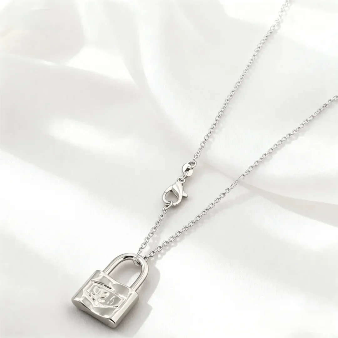 925 Sterling Silver Lock Charm Necklace for Women Sterling Silver Necklace Qme Silver 45CM 18 inches