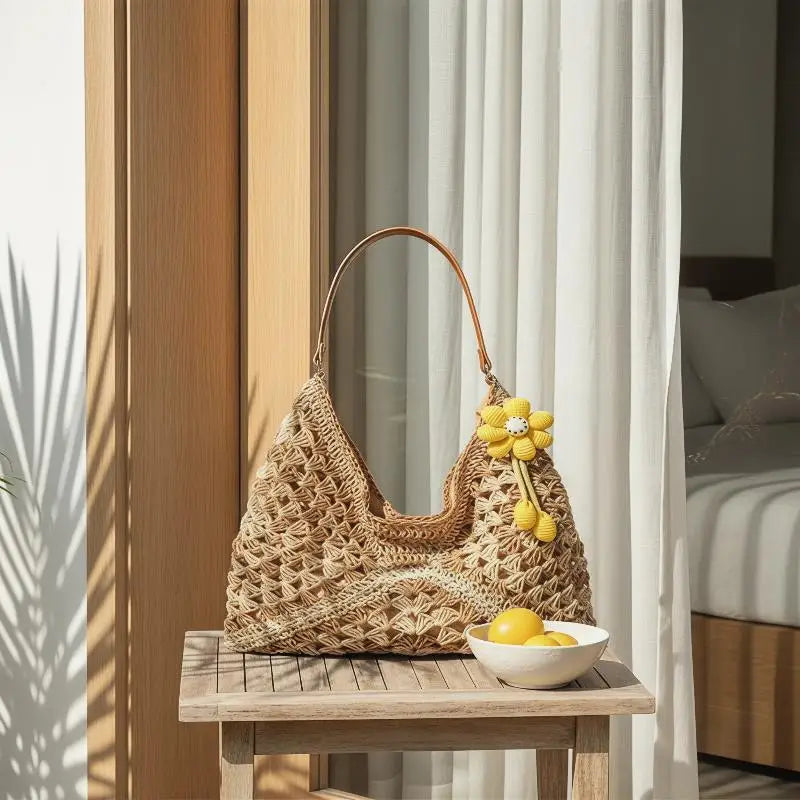 Women's Woven Straw Shoulder Tote – Large Capacity Summer Bag Woven Straw Tote Qme