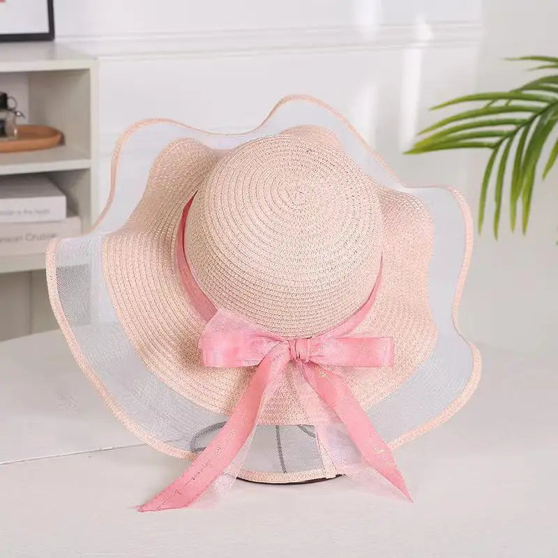 Wide Brim Straw Sun Hat – Lace Bow UV Protection Beach Cap Wide Brim Sun Hat Qst one size Pink