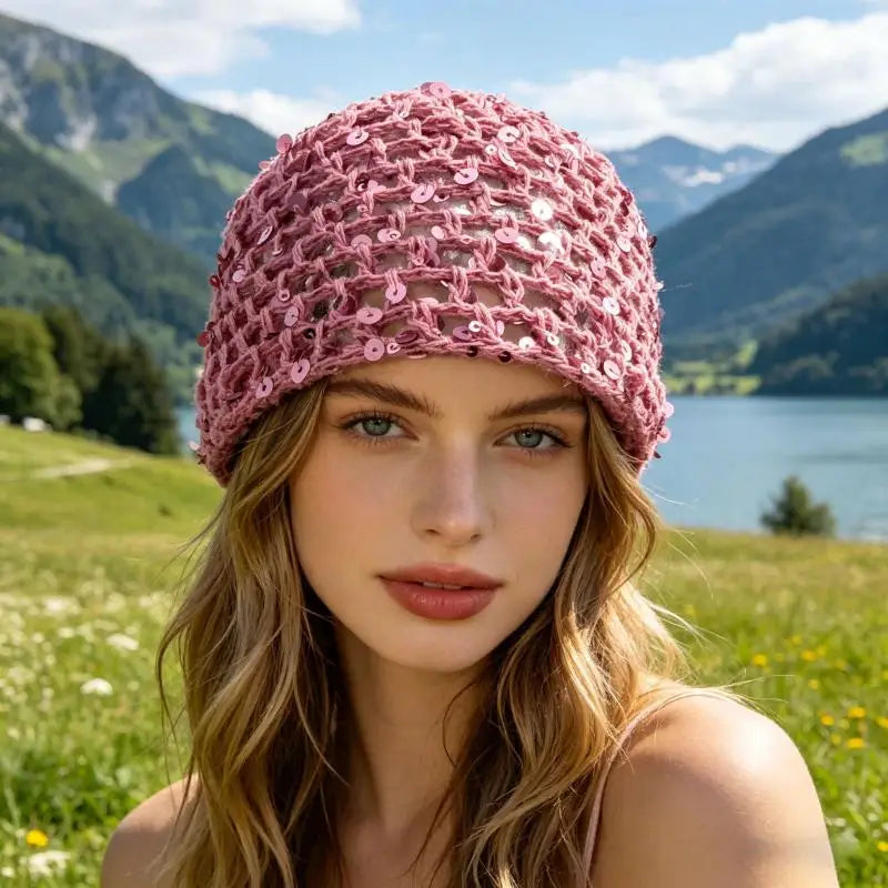 Women's Y2K Sequin Knitted Bucket Hat – Hollow Crochet Style Knitted Bucket Hat Qst Pink