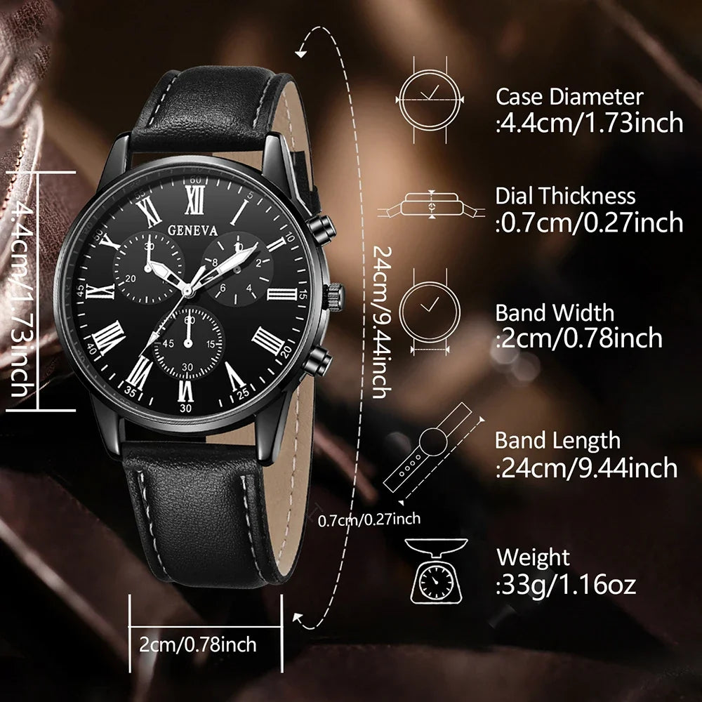 Men's Chronograph Watch & Jewelry Set – Black Leather Strap Chronograph Watch Set Qme