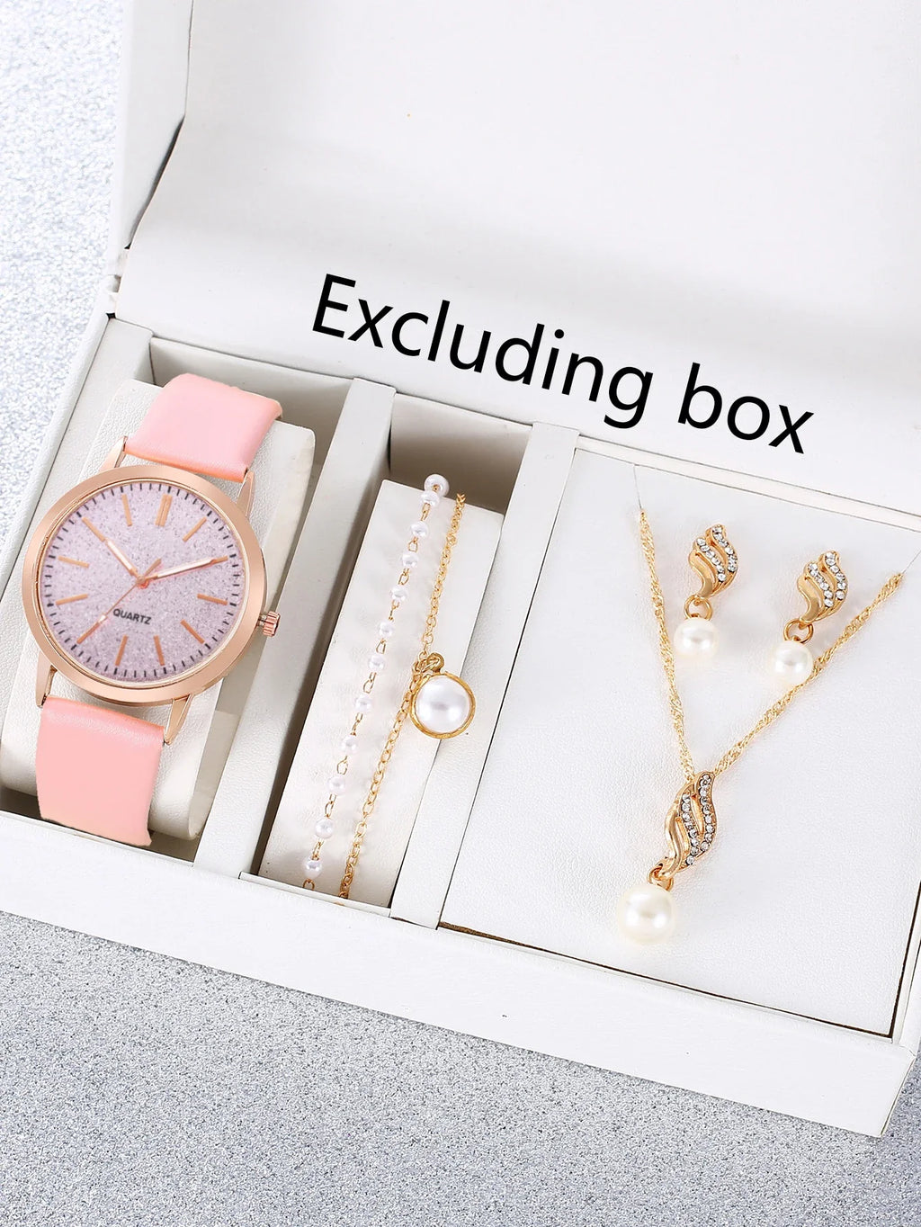 Women's Glitter Dial Quartz Watch & Pearl Jewelry Set Women's Watch Set Qme pink No