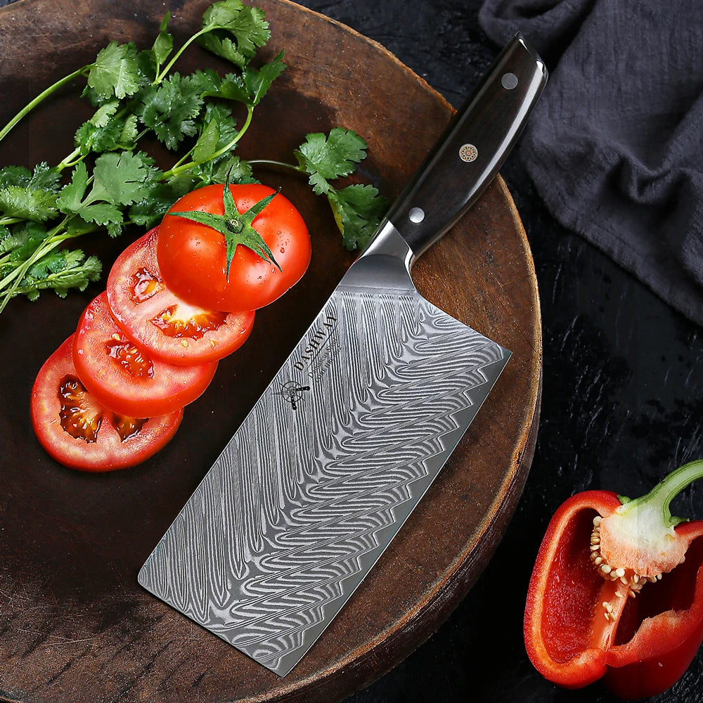 DASHWAY 7" Damascus Steel Cleaver Knife – Ebony Handle Damascus Cleaver Knife Qst