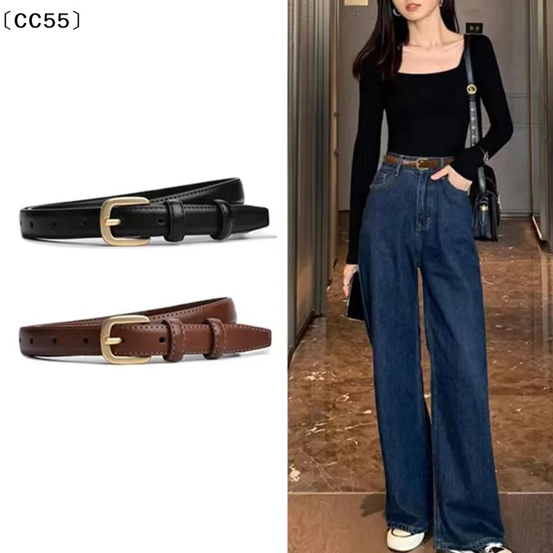 Women's 2cm PU Leather Belt – Slim Metal Buckle Western Style Women's Belt Qst
