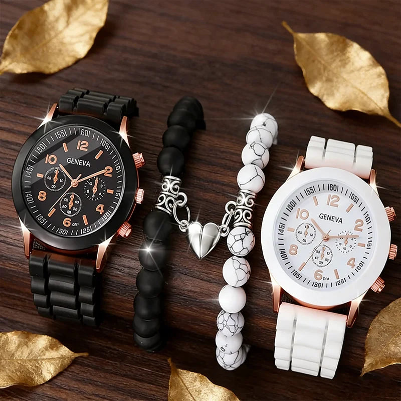 Minimalist Couple Watch & Bead Bracelet Set | Men & Women Couple Watch Set Qme 4pcs