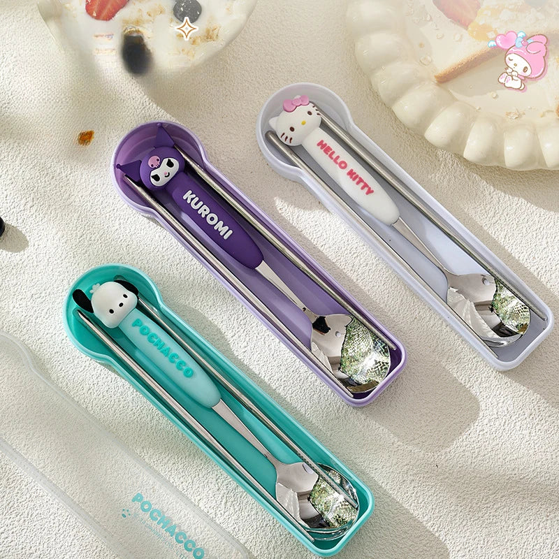 Hello Kitty Kuromi Spoon & Chopsticks Portable Cutlery Set Portable Cutlery Set Qme