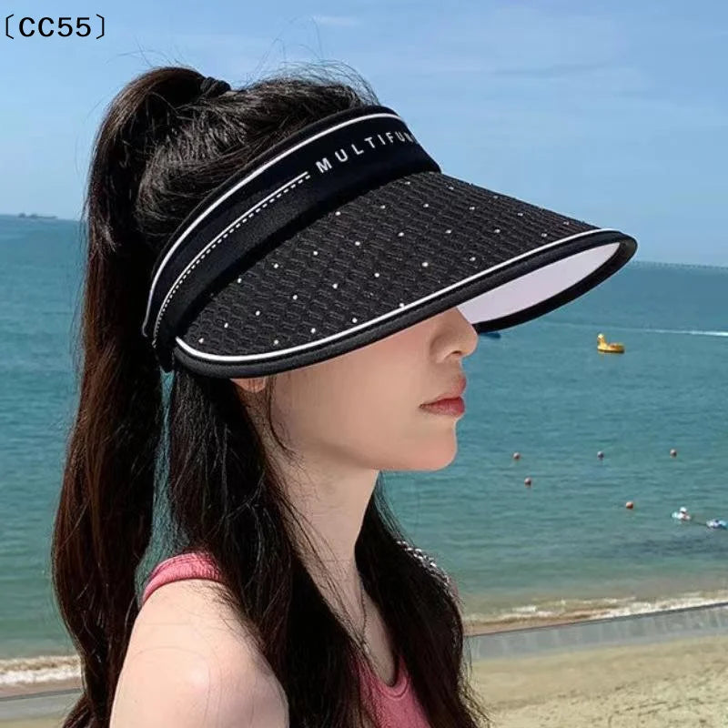 Sequin Wide Brim Sun Visor Hat – UPF 30+ Foldable Open Top Sun Visor Hat Qst