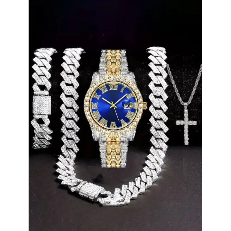 Hip Hop Diamond Watch, Bracelet & Necklace Set – 10 Colors Hip Hop Watch Set Qme Ivory