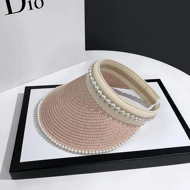 Women's Pearl Raffia Straw Beach Hat – Open Top Sun Hat Straw Sun Hat Qst Pink one size