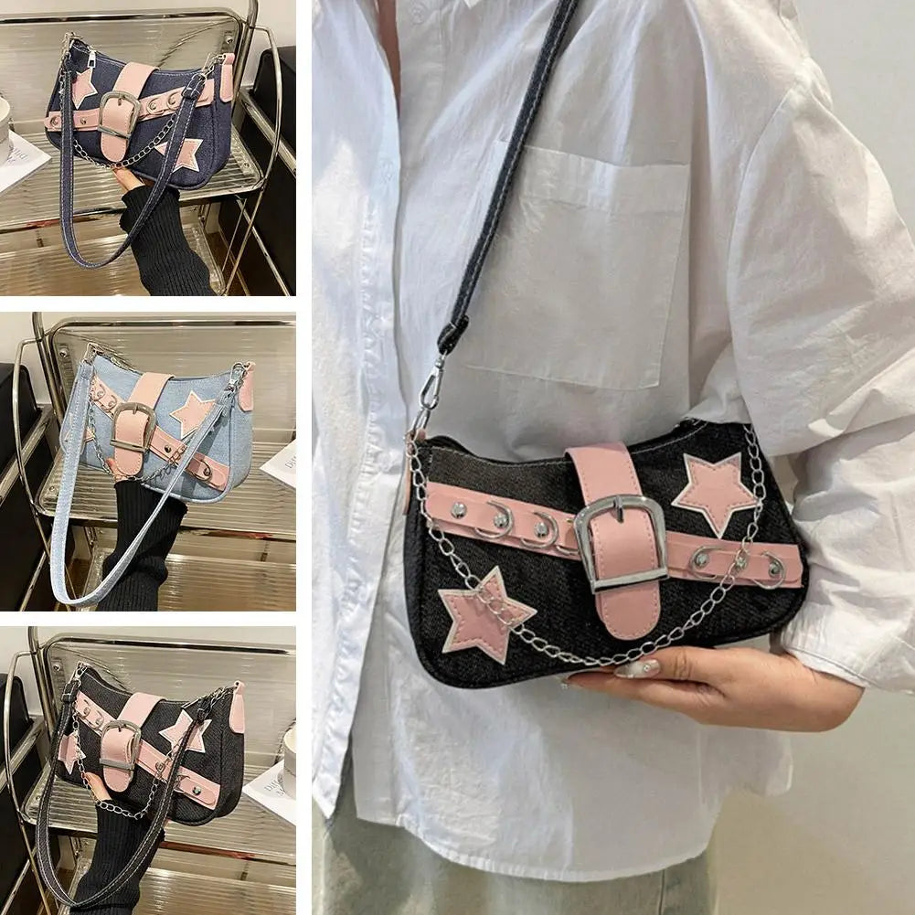 Women's Denim Stars Underarm Shoulder Bag – Trendy Handbag Underarm Shoulder Bag Qme