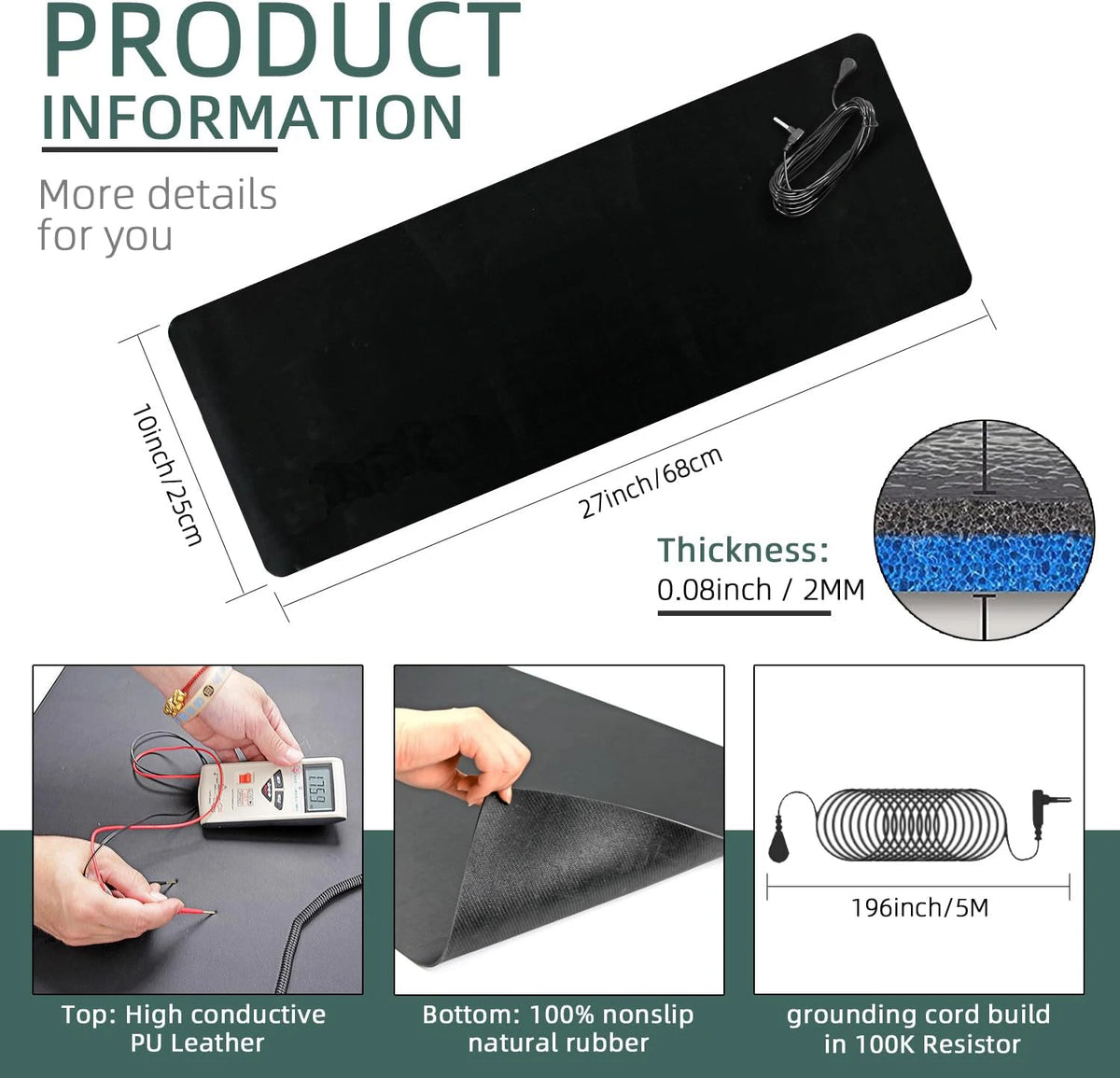 Grounding Mat 25x68cm Better Sleep & Energy – 15ft Cord Grounding Earthing Mat Qst
