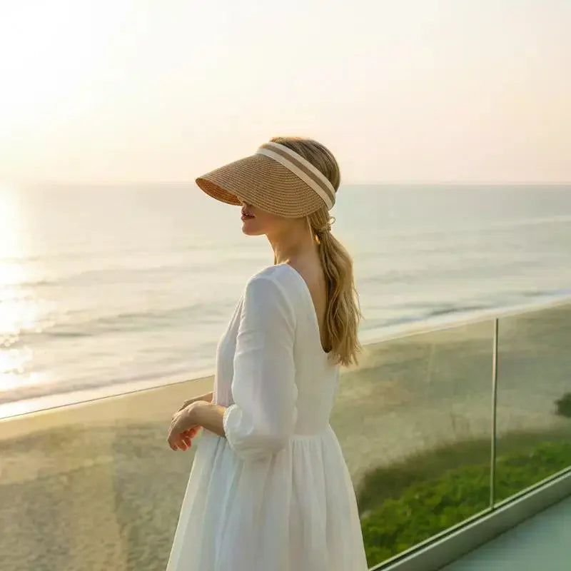 Women's Raffia Straw Sun Hat – Wide Brim Open Top UV Shield Straw Sun Hat Qst