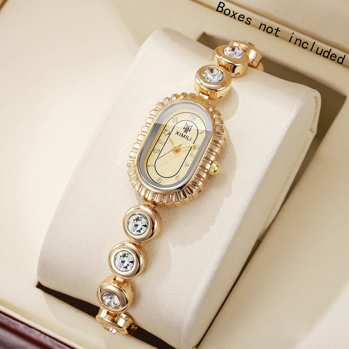 Women's Crystal Quartz Watch – Oval Gold Dial & Diamond Bezel Women's Fashion Watch Qme Gold No Box