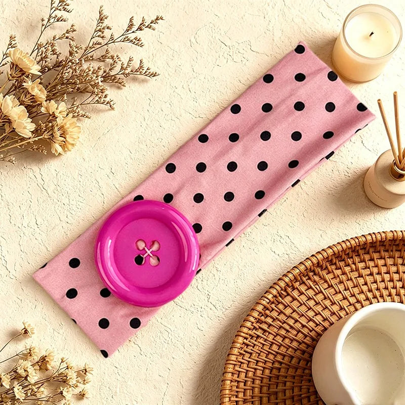 Y2K Wide Polka Dot Elastic Headband – Big Button Hair Hoop Wide Elastic Headband Qme Pink Rose