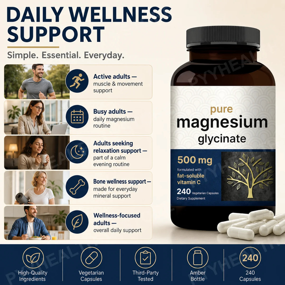 Magnesium Glycinate 500mg Veggie Capsules + Vitamin C, 240 Count Mineral Supplement Qst