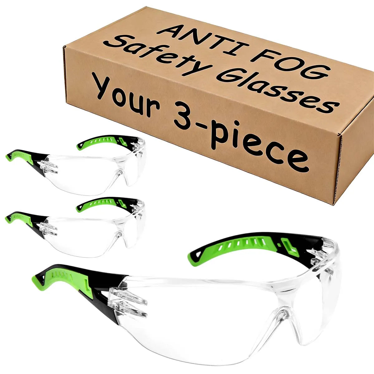 3-Pack ANSI Z87.1 Anti-Fog Safety Glasses Clear Wraparound Safety Glasses Qst
