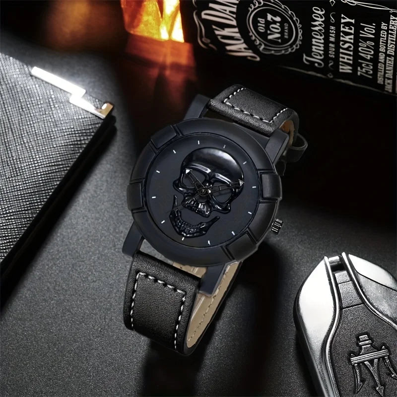 Skull Pattern Round Quartz Watch – PU Leather Strap Quartz Fashion Watch Qme