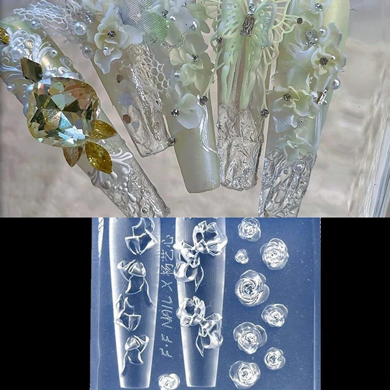 3D Silicone Nail Carving Mold – Floral Butterfly & Bow Art Nail Art Mold Qst