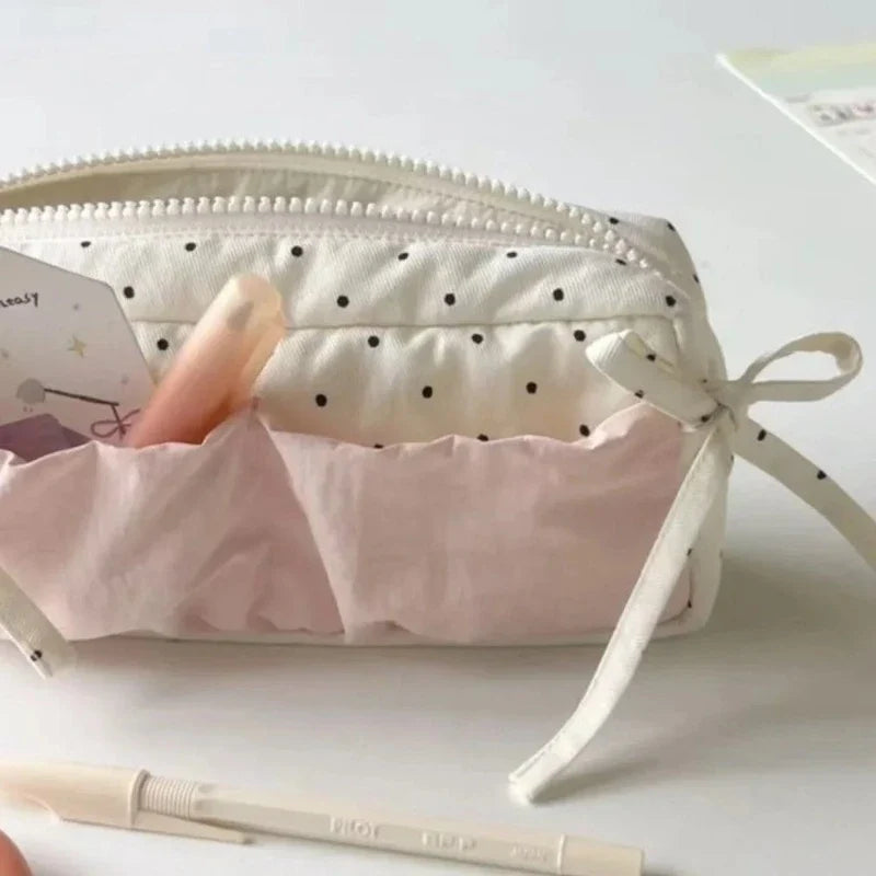 Cute Polka Dot Large Capacity Pencil Bag | Fabric Pouch Pencil Bag Pouch Qme