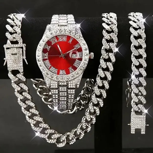 Hip Hop Watch Set – Diamond Bracelet, Necklace & Large Dial Hip Hop Watch Set Qme